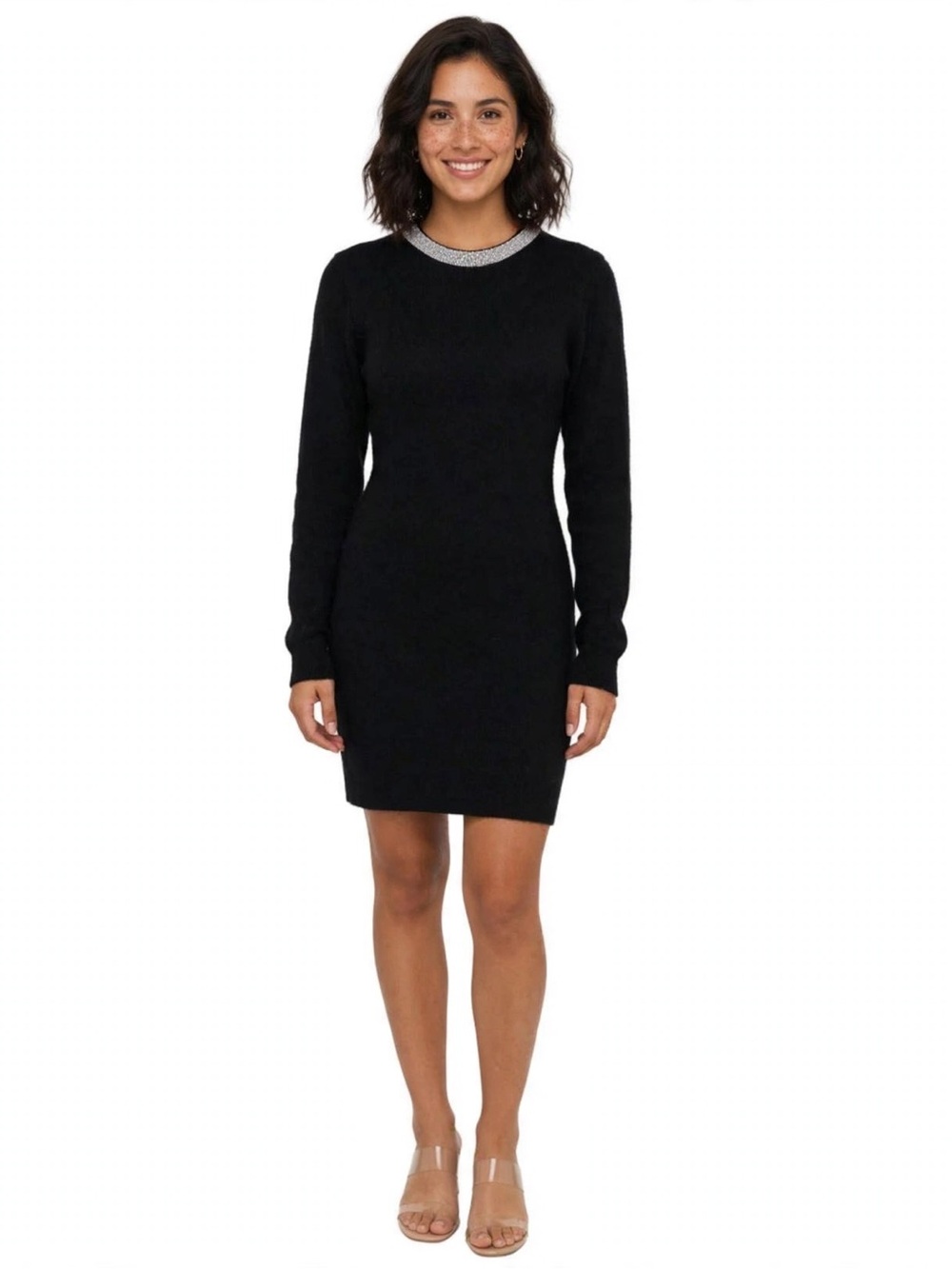 Black Sweater Dress w/Silver Rhinestone Trim, Holiday Sweater, Christmas Dress